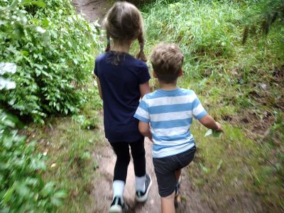 IMG_20240622_191254284 Photo of two kids walking hand in hand through the woods on a trail.
